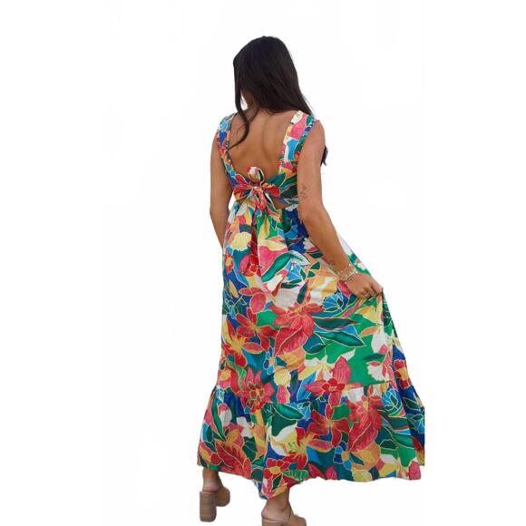 NEW SKIES ARE BLUE ruffle tie back maxi dress in multi - Picture 3 of 9